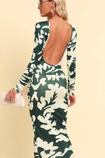 Printed Backless Long Sleeve Maxi Dress - Ladyez