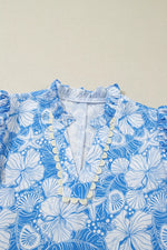 Floral Print Scalloped Trim V Neck Short Sleeve Blouse
