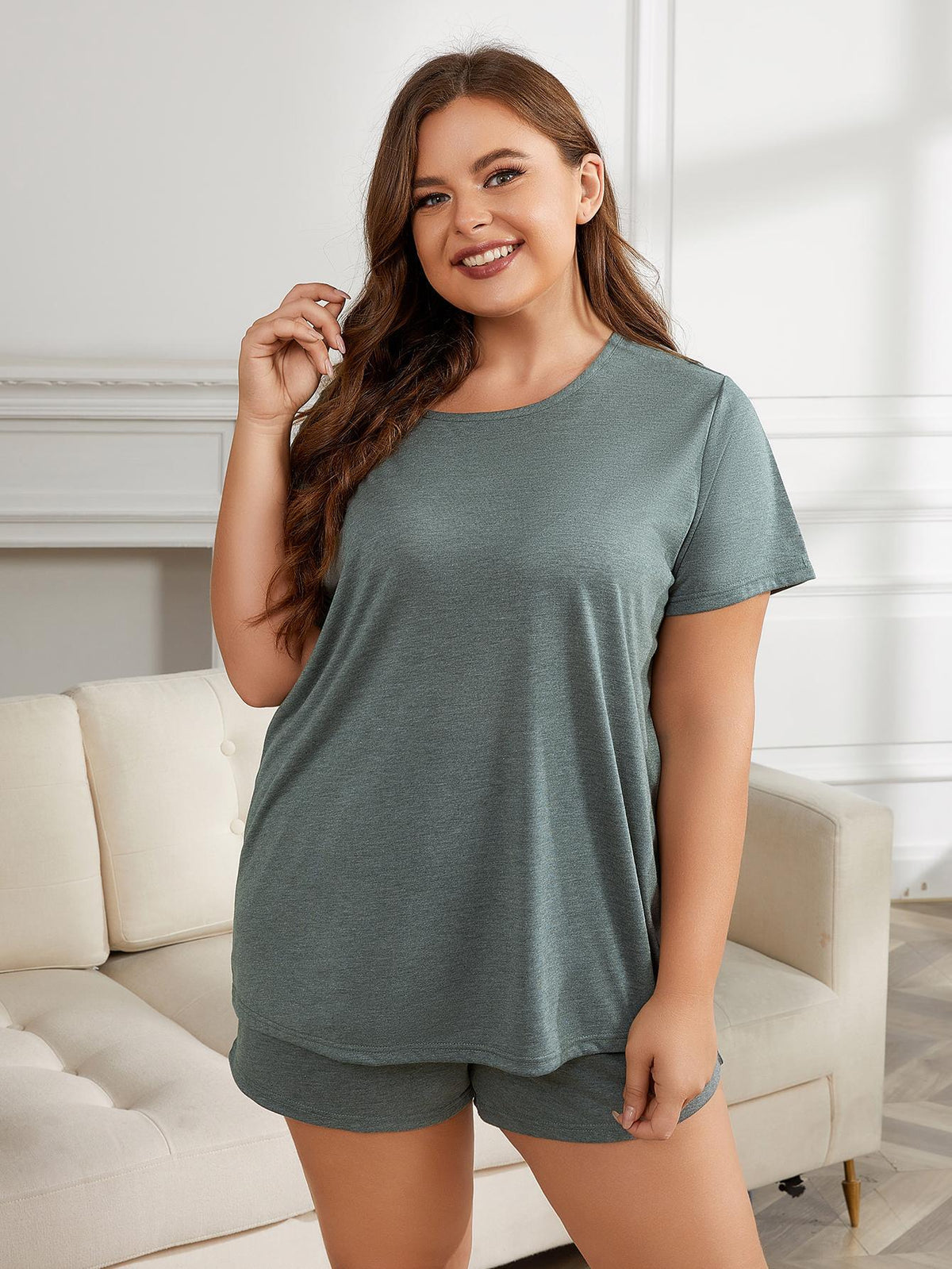 Plus Size Round Neck Short Sleeve Two-Piece Loungewear Set - Ladyez