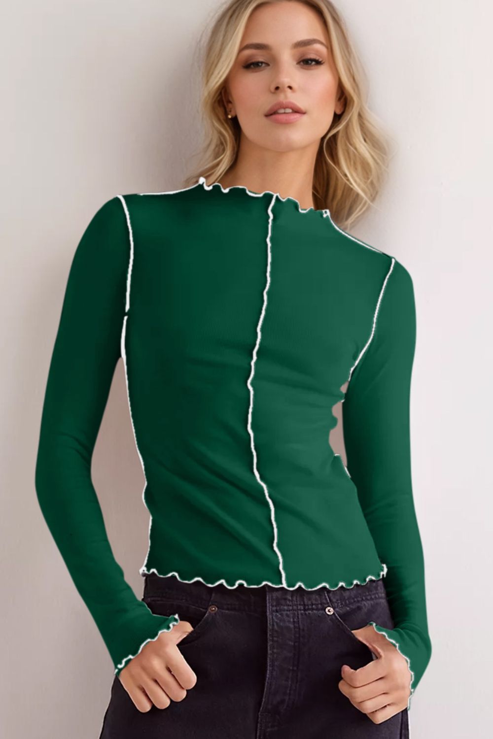 Basic Bae Contrast Trim Mock Neck Long Sleeve T-Shirt - Ladyez