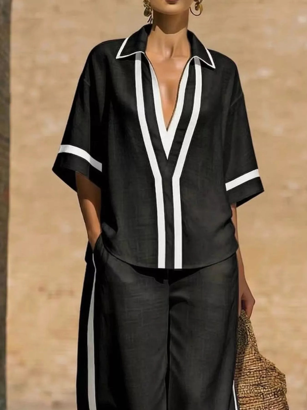 Full Size Contrast Trim Top and Pants Set Plus Size