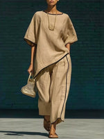 Contrast Trim Round Neck Top and Pants Set