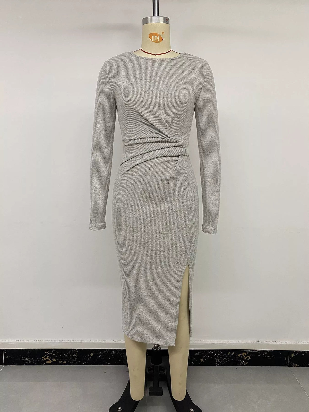 Ribbed Knit Twist Front Long Sleeve Midi Dress with Slit