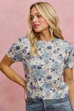 SO ME Floral Print Short Sleeves Sweater Knit Top