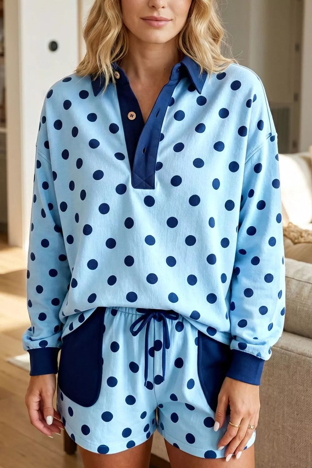 Polka Dot Drop Shoulder Polo Loose Pullover Patch Pocket Casual Shorts Set