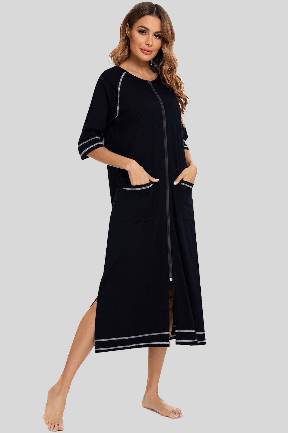 Zip Up Slit Round Neck Night Dress with Pockets - Ladyez