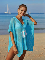 Angel Wings Openwork Flower V-Neck Short Sleeve Cover Up - Ladyez