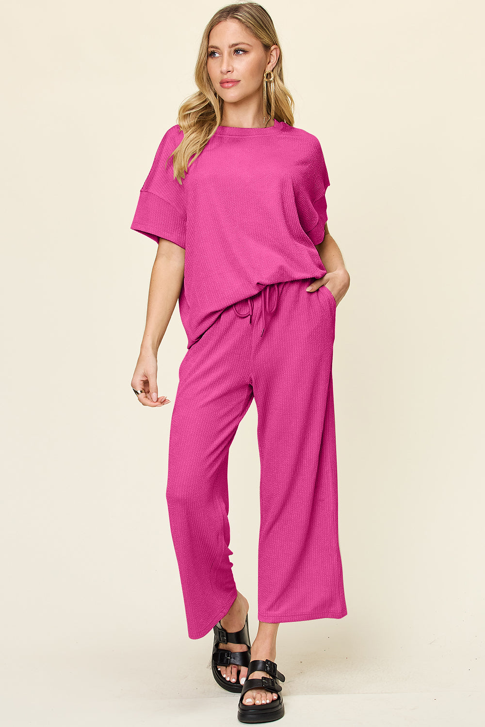Double Take Full Size Texture Round Neck Short Sleeve T-Shirt and Wide Leg Pants - Ladyez