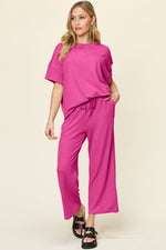 Double Take Full Size Texture Round Neck Short Sleeve T-Shirt and Wide Leg Pants - Ladyez