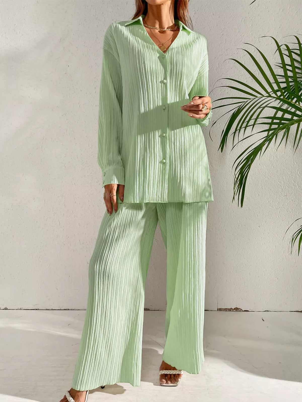Long Sleeve Shirt & Wide Leg Pants Set