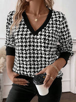 Houndstooth V-Neck Long Sleeve T-Shirt - Ladyez