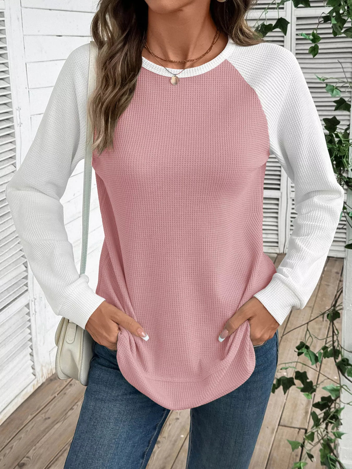 Contrast Raglan Sleeve Waffle Knit T-Shirt