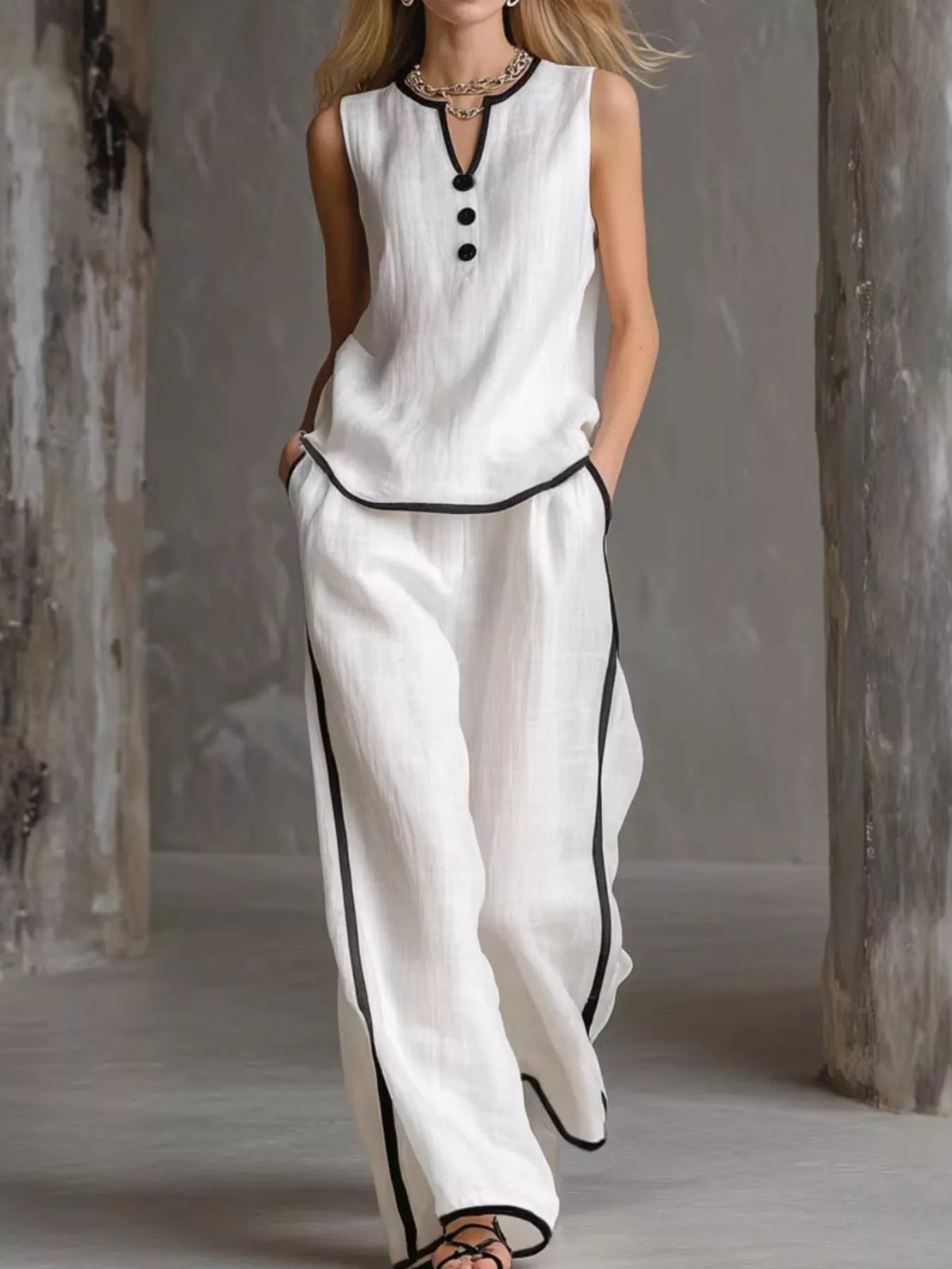 Full Size Contrast Trim Sleeveless Top and Pants Set Plus Size
