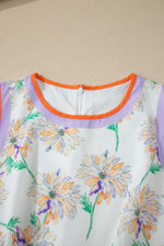Floral Print Color Block Trim Belted Sleeveless Dress