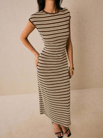 Striped Cap Sleeve Bodycon Midi Dress