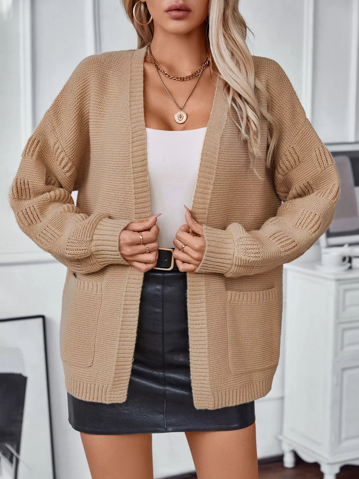 Textured Knit Open Front Cardigan