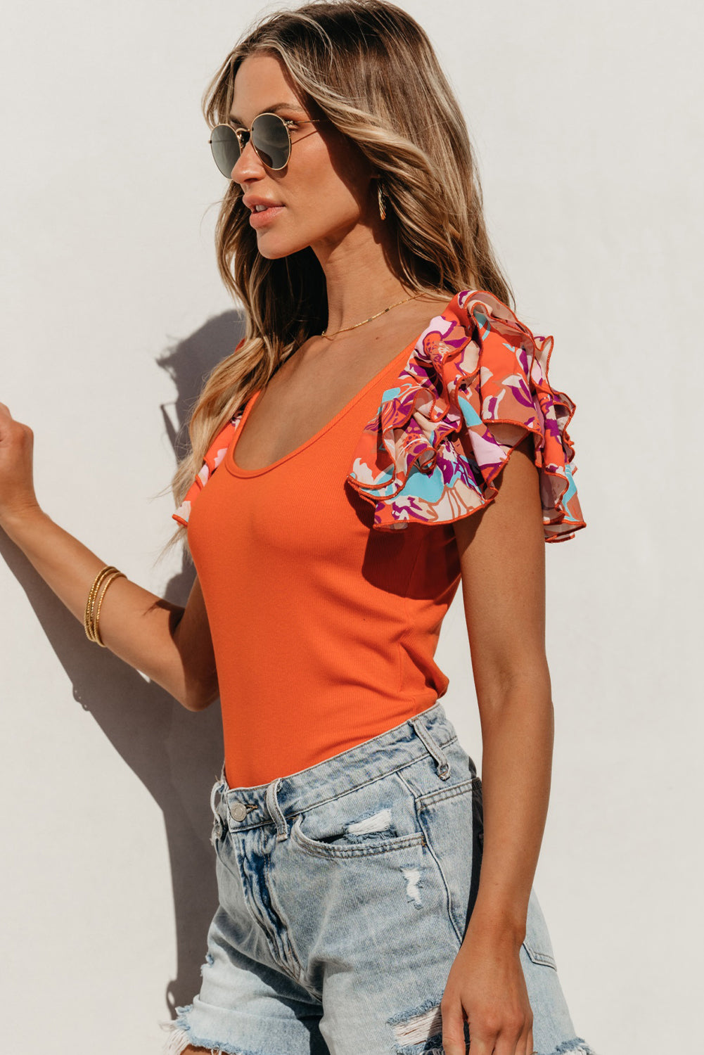 Scoop Neck Flounce Sleeve Bodysuit - Ladyez