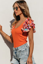 Scoop Neck Flounce Sleeve Bodysuit - Ladyez
