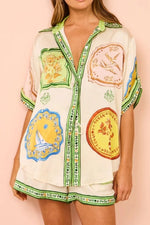 Printed Short Sleeve Button Down Top and Shorts Set