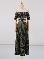 Off-Shoulder Cutout Leaf Print Maxi Dress
