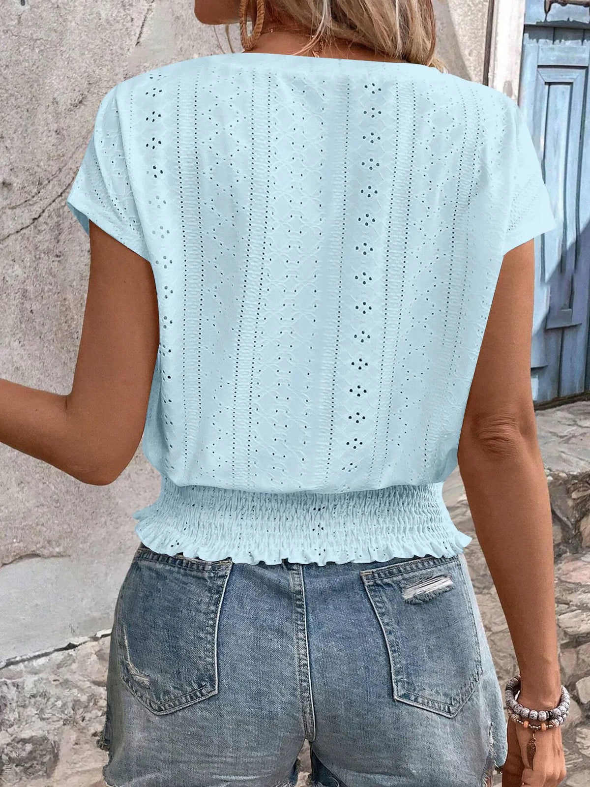 Eyelet V-Neck Short Sleeve Blouse - Ladyez