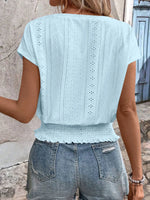 Eyelet V-Neck Short Sleeve Blouse - Ladyez