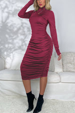 Ruched Mock Neck Long Sleeve Dress - Ladyez