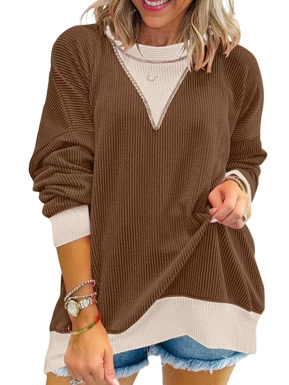 Two-Tone Ribbed Knit Sweatshirt