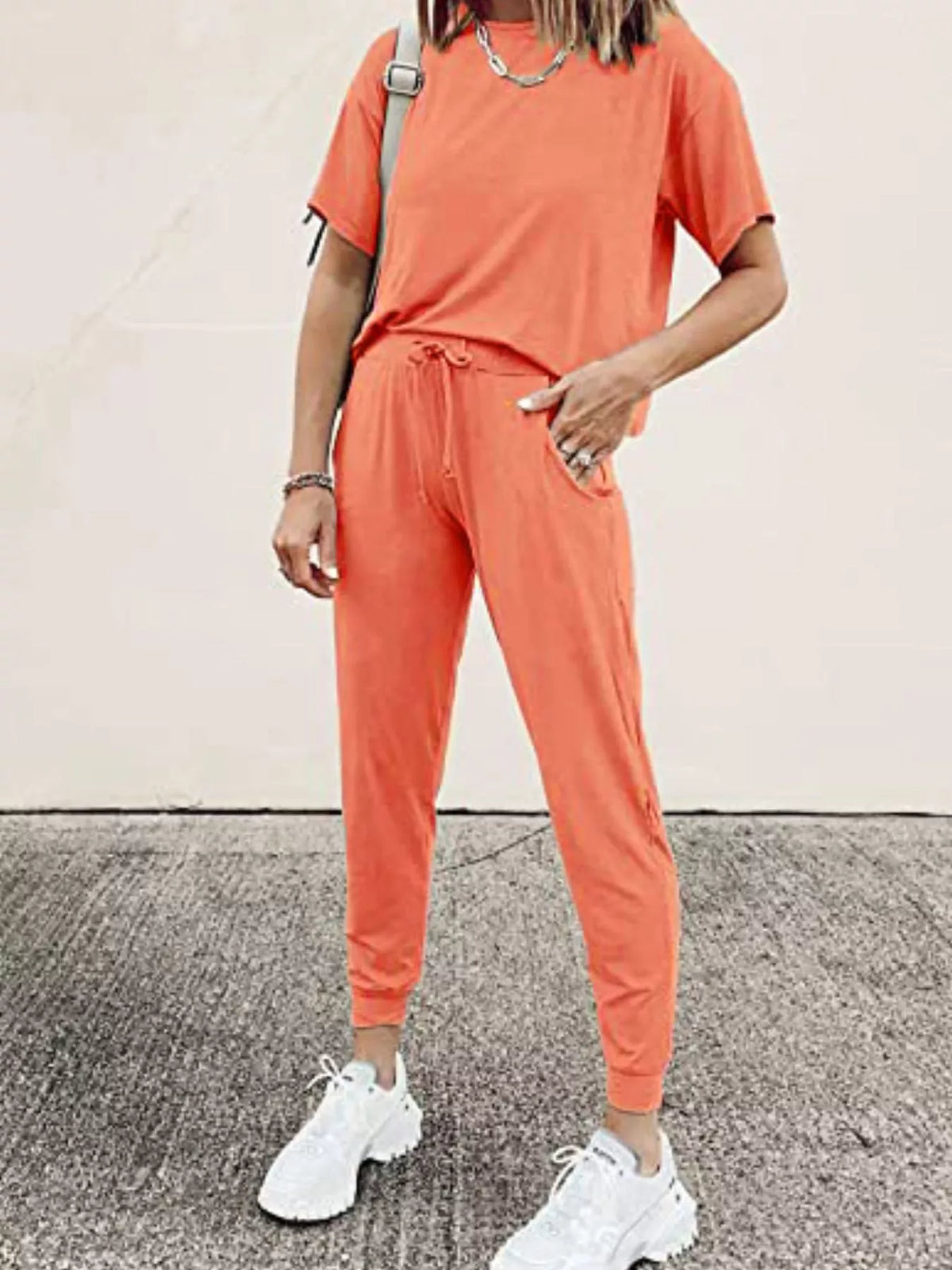Full Size Round Neck Top and Drawstring Pants Set Plus Size