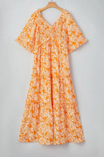 Floral Print Smocked V Neck Wide Sleeve Maxi Dress