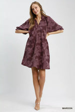 Umgee Floral Textured Jacqaurd V-Neck Dress