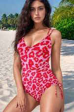 Leopard Cutout Ribbed Side Drawstring One-Piece Swimsuit - Ladyez