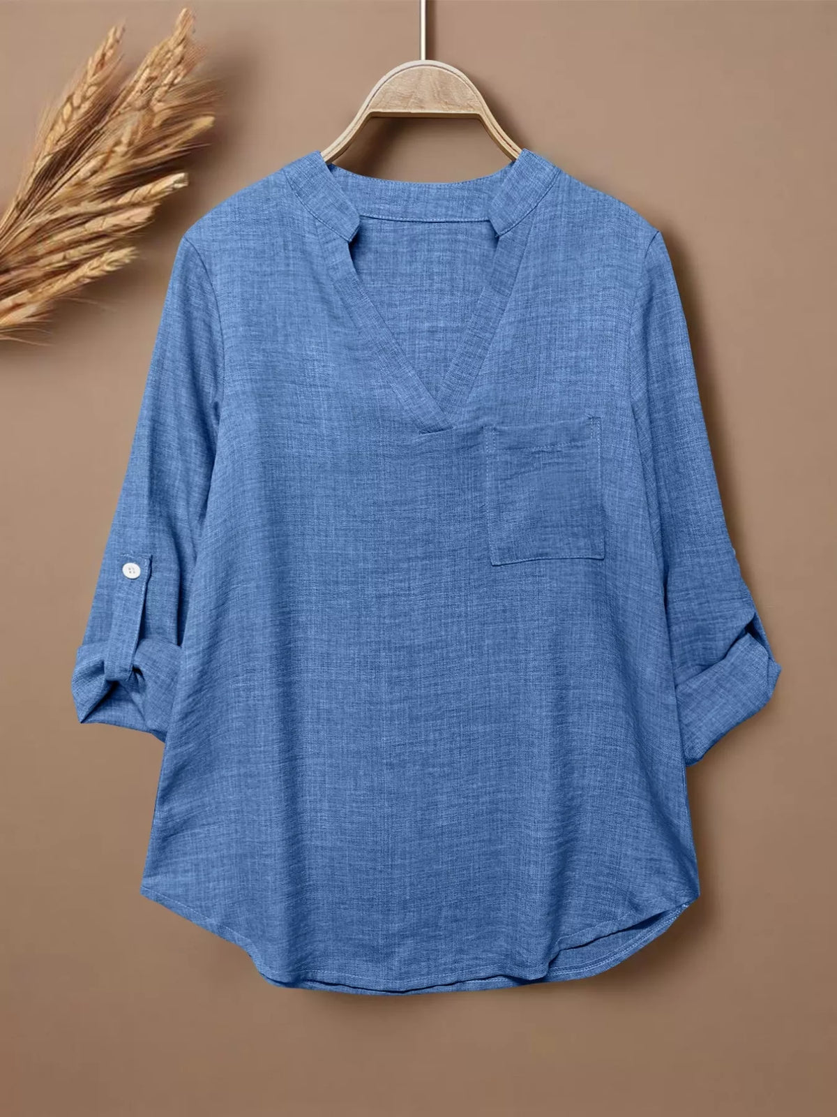 Casual Notched Roll-Up Sleeve Blouse