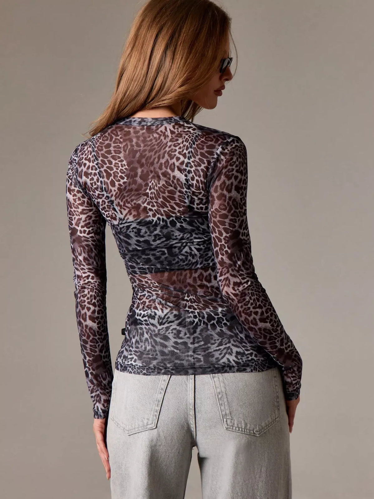 Sheer Leopard Print Long Sleeve Top