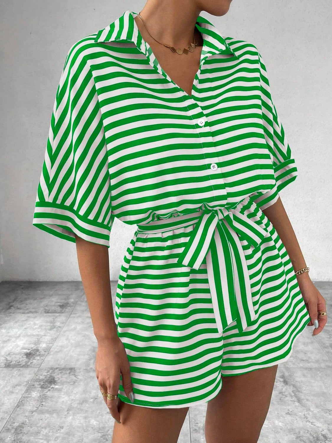 Tie Waist Half Button Striped Romper - Ladyez