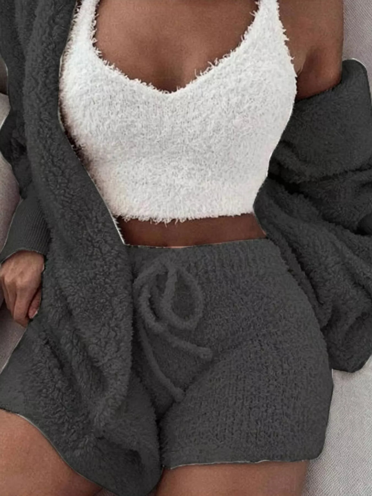 Full Size 3-Piece Fuzzy Plush Cardigan and Shorts Lounge Set with Crop Top Plus Size