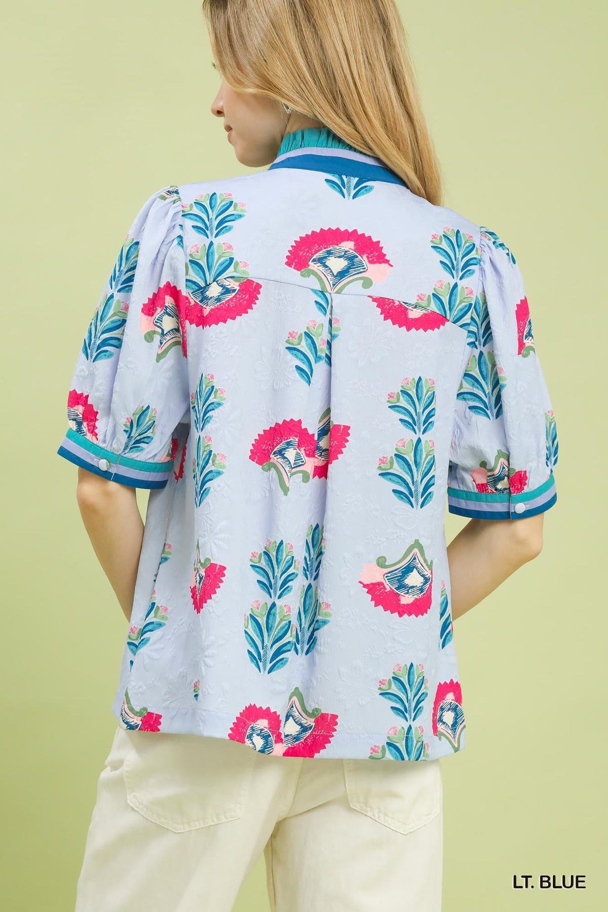 Umgee Print Puff Sleeve Blouse with Contrast Trim