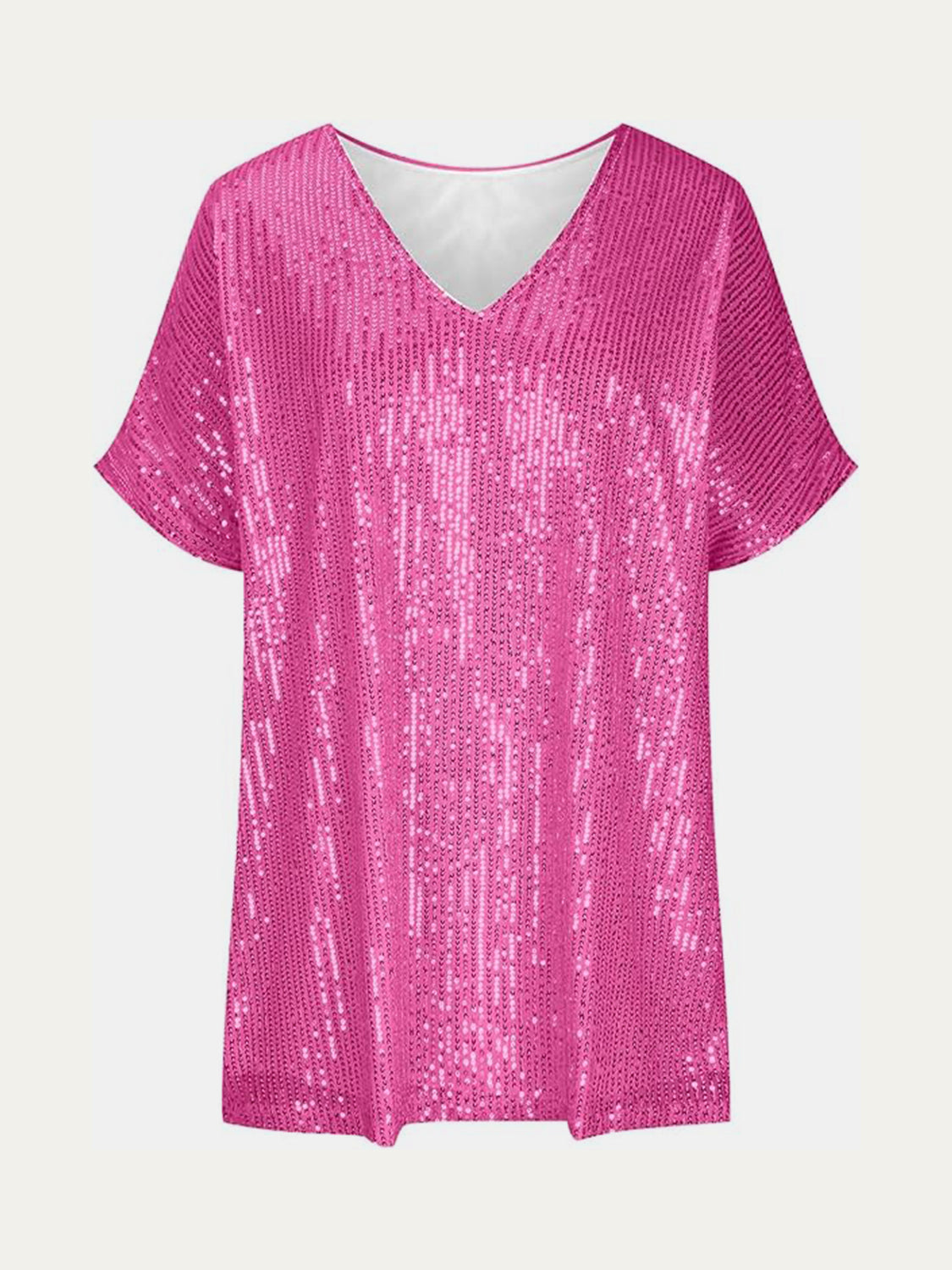 Full Size Sequin V-Neck Short Sleeve Top - Ladyez
