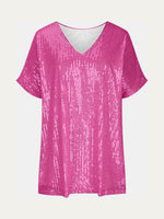 Full Size Sequin V-Neck Short Sleeve Top - Ladyez