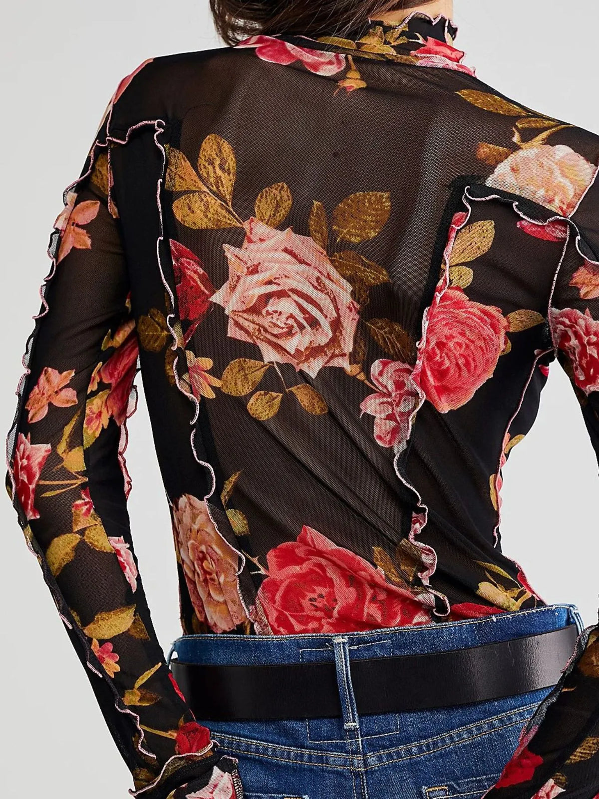 Floral Print Mock Neck Long Sleeve Top - Ladyez