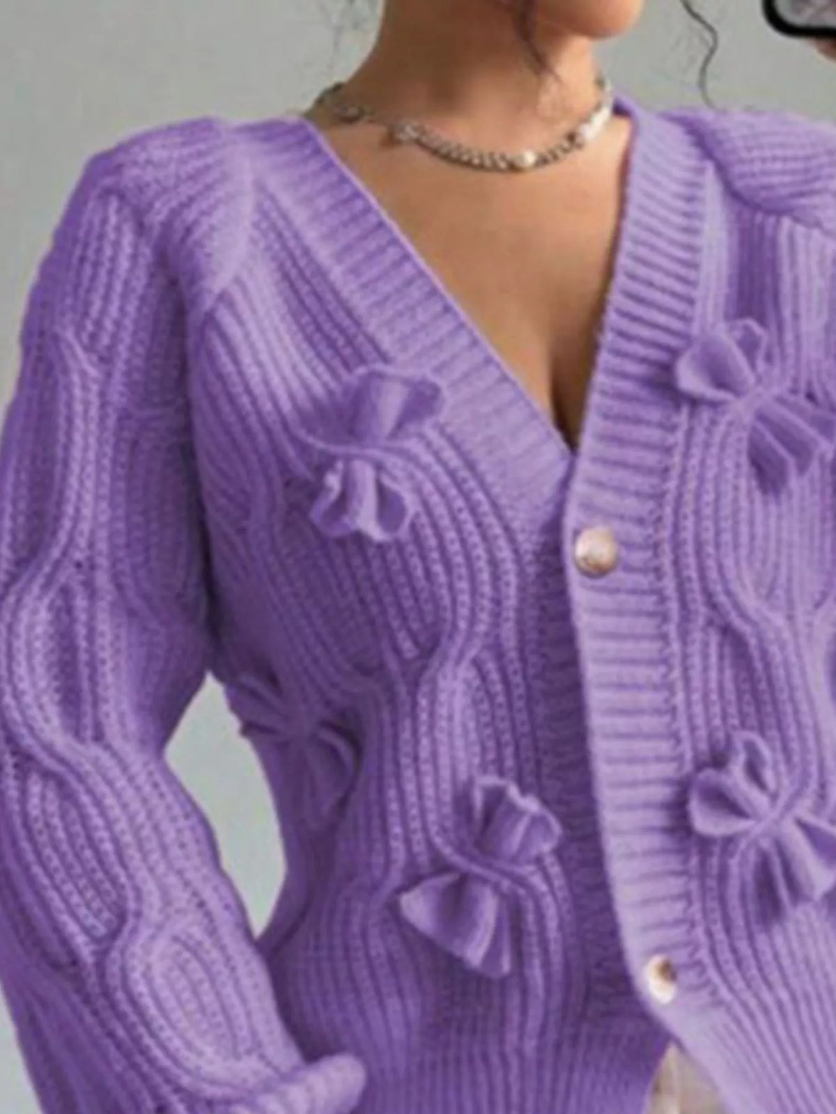 Bow Cable Knit V-Neck Cardigan