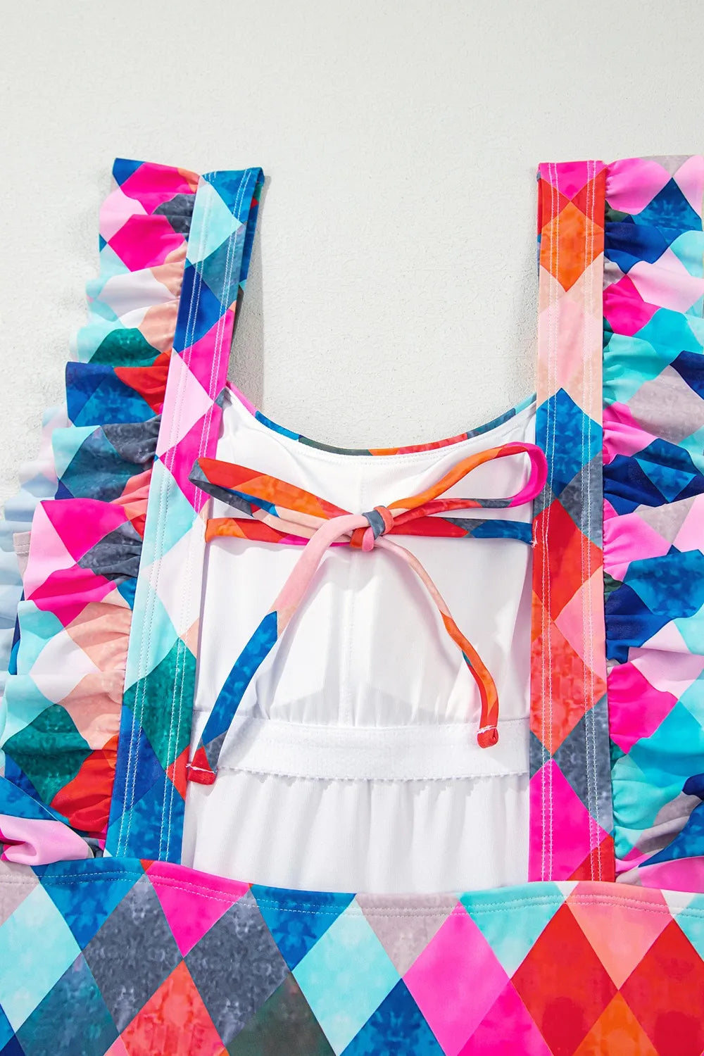Multicolor Plaid Print Square Neck Frill Sleeveless Backless One-Piece Swimwear - Ladyez