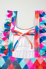 Multicolor Plaid Print Square Neck Frill Sleeveless Backless One-Piece Swimwear - Ladyez