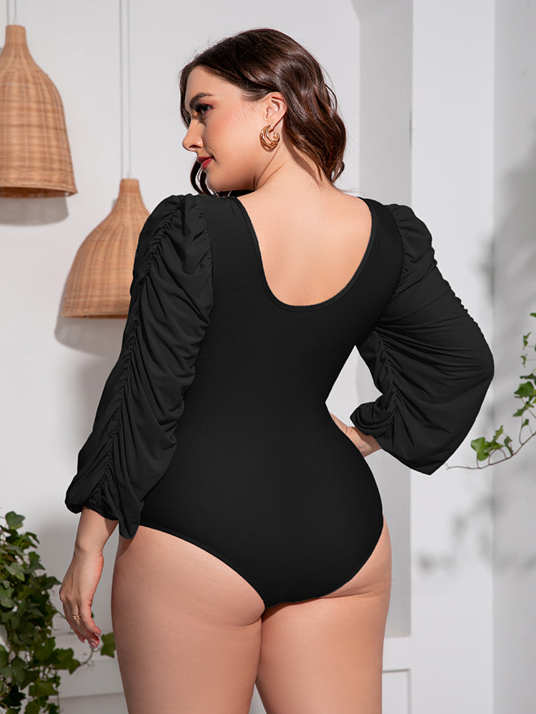 Plus Size Tied Deep V Balloon Sleeve One-Piece Swimsuit - Ladyez