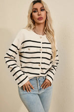 Striped Button Up Round Neck Cardigan