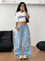 Distressed Star Patch Wide-Leg Jeans