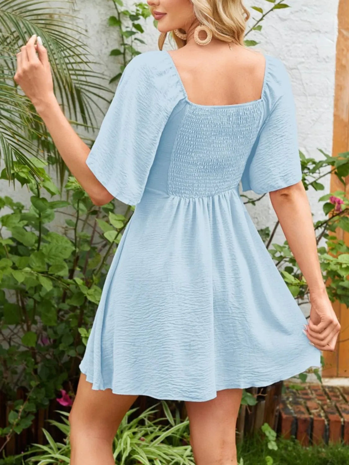 Smocked Back Knotted Flutter Sleeve Dress - Ladyez