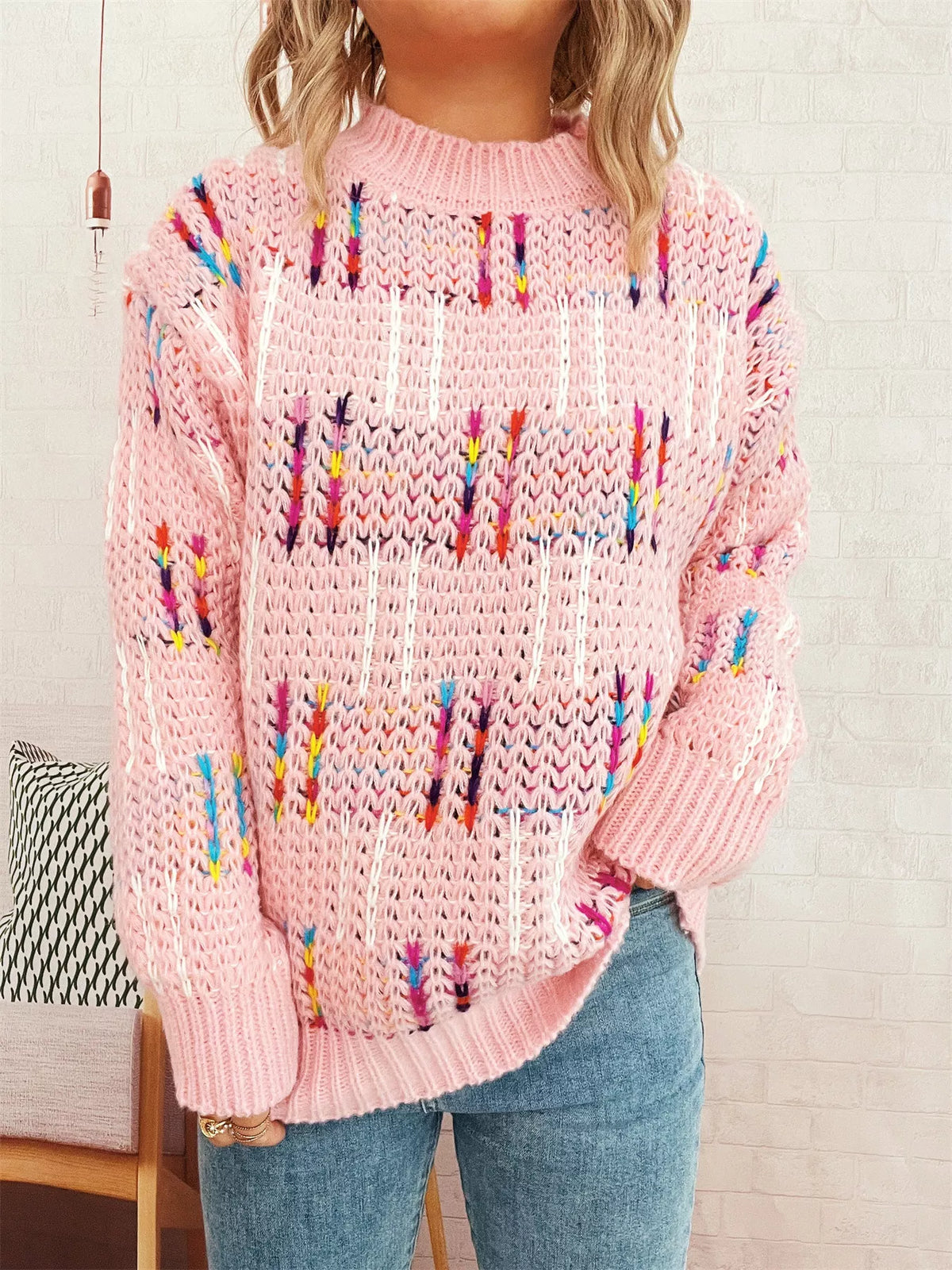Colorful Round Neck Long Sleeve Sweater
