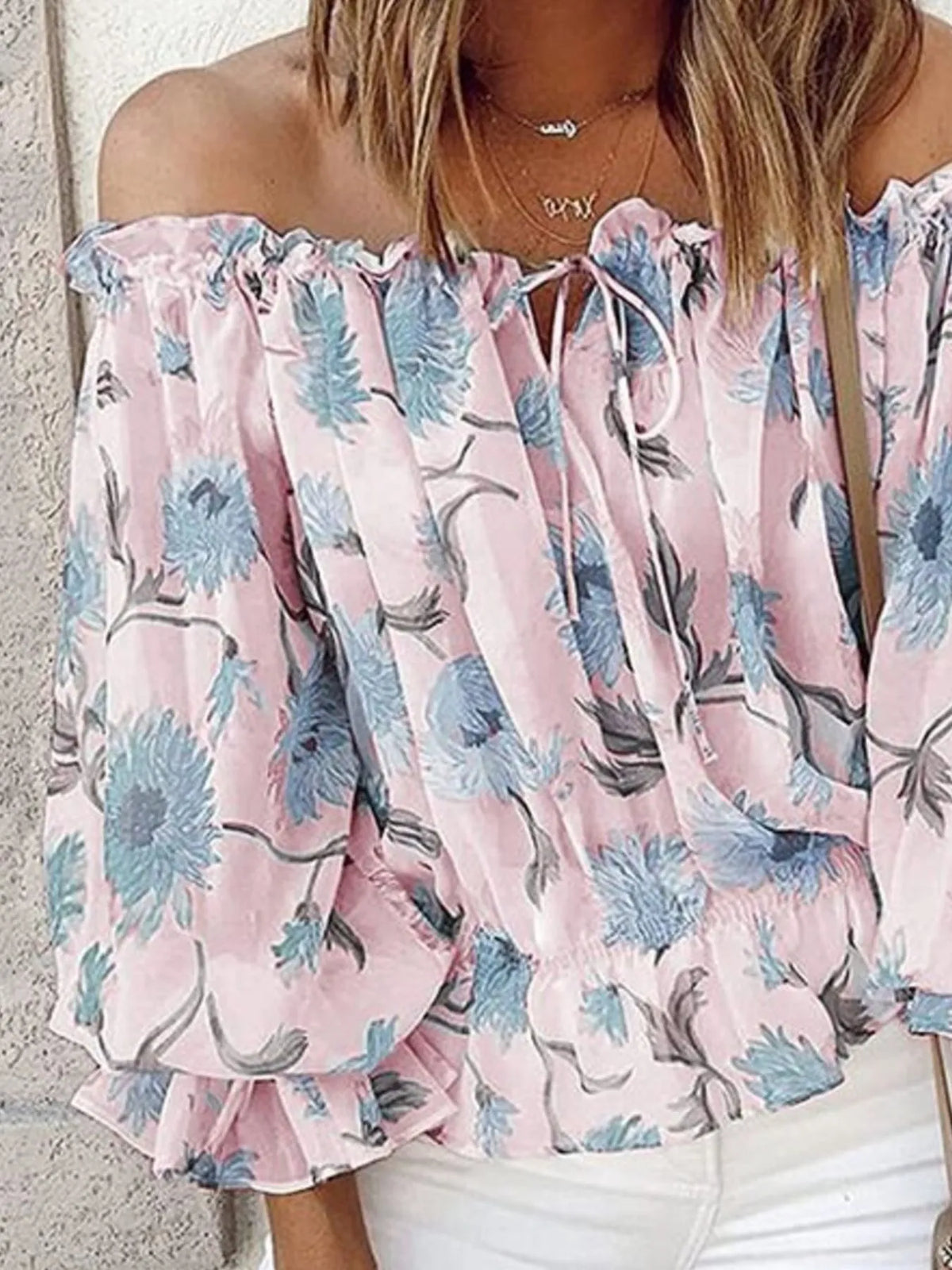 Off-Shoulder Floral Print Blouse - Ladyez