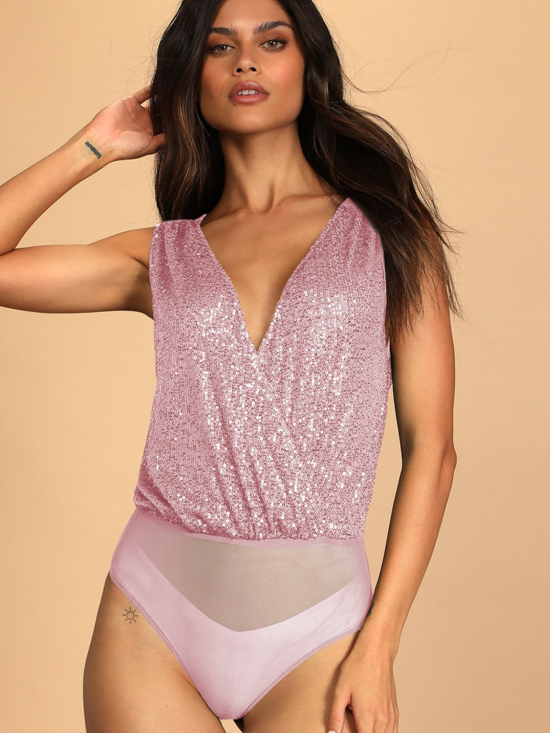 Sequin Surplice Sleeveless Bodysuit - Ladyez